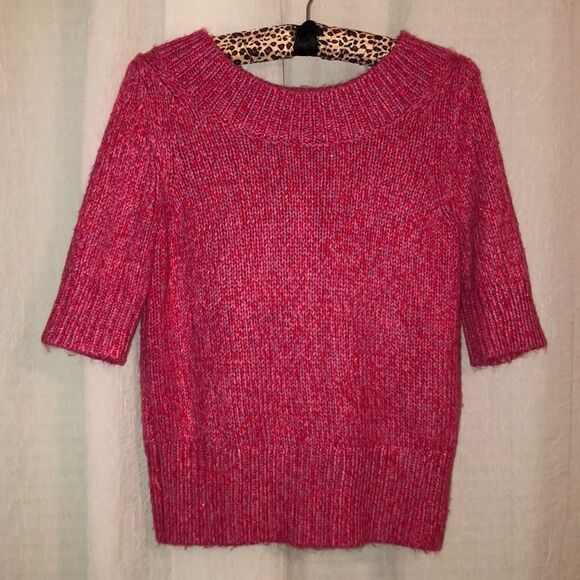 Worthington M Fuchsia Pink Metallic Lurex Knit Heather Short Sleeve Sweater - Picture 1 of 10